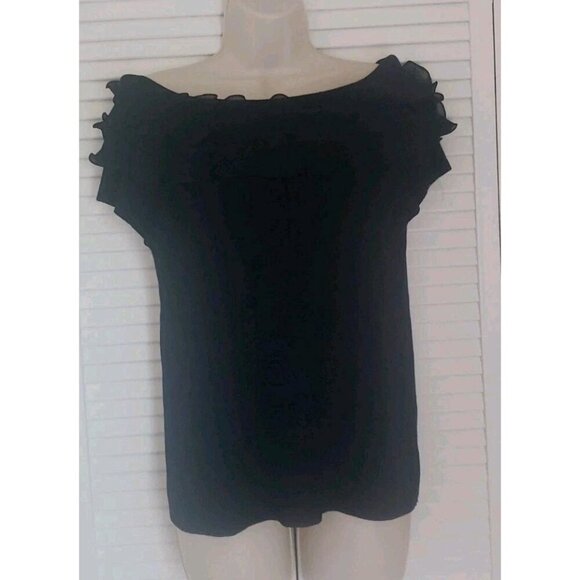 NWT SIONI MILANO BLACK KNIT RUFFLE COLD SHOULDER BLOUSE TOP MEDIUM - Picture 5 of 10